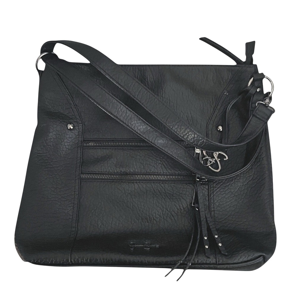 Jessica Simpson Black Faux Leather Crossbody Shoulder Bag 2 Front Zip Pockets
